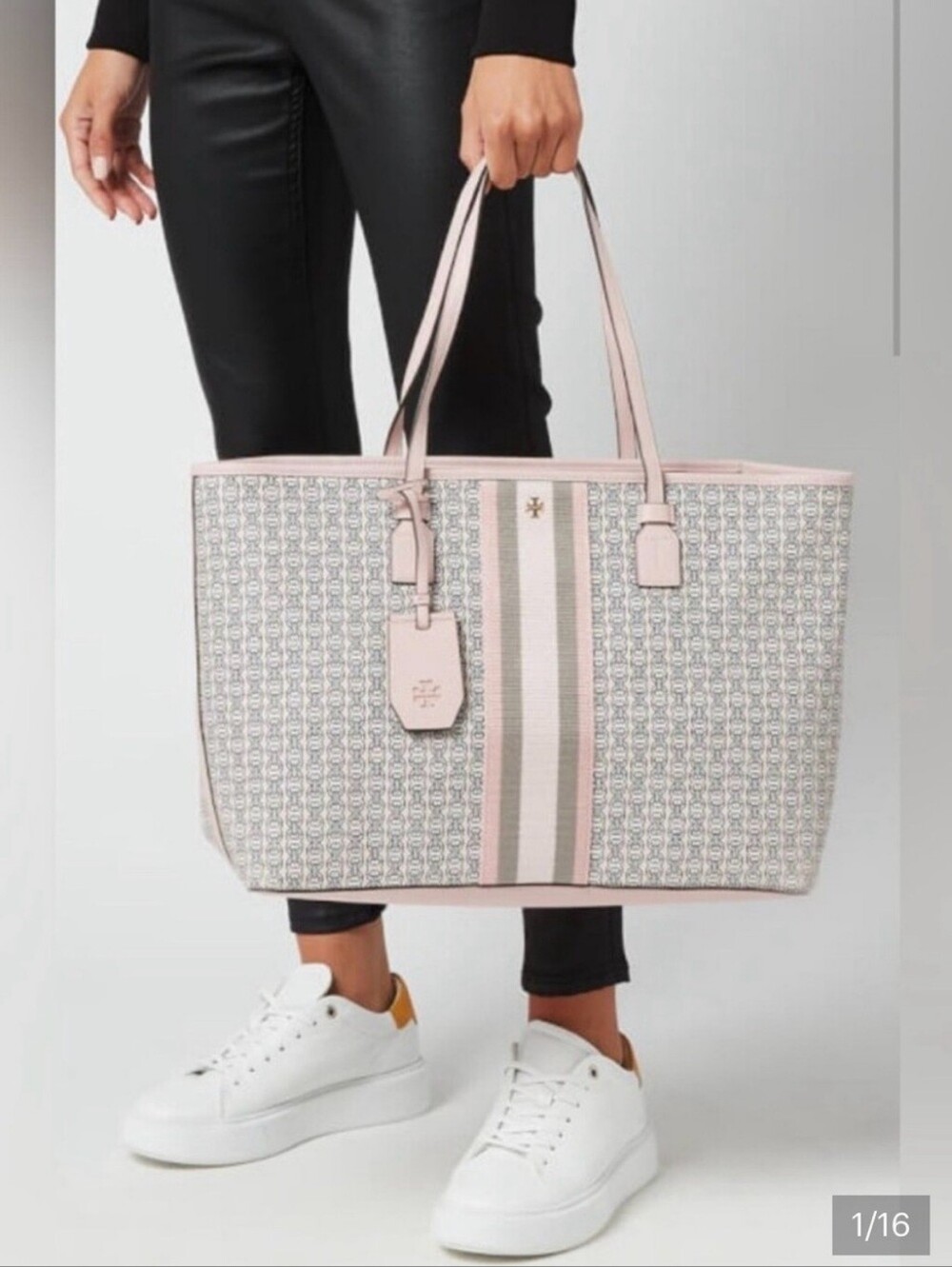 Tory Burch Pink and Gray Patterned Canvas Stripe Tote***